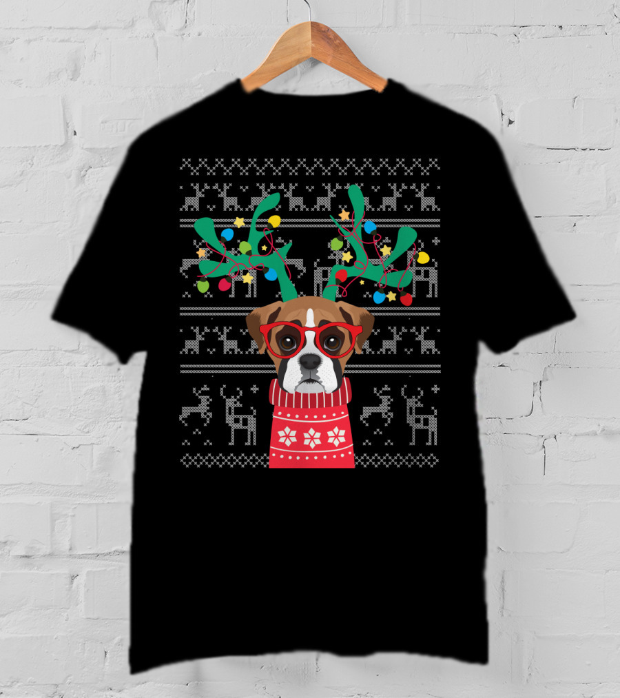 Swea Xmas Boxer Dog Reindeer Antlers Holiday Lights Ugly Christmas T-Shirt