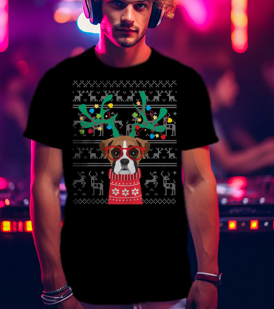 Swea Xmas Boxer Dog Reindeer Antlers Holiday Lights Ugly Christmas T-Shirt