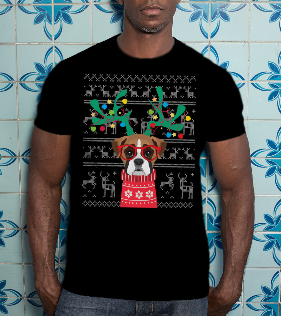 Swea Xmas Boxer Dog Reindeer Antlers Holiday Lights Ugly Christmas T-Shirt