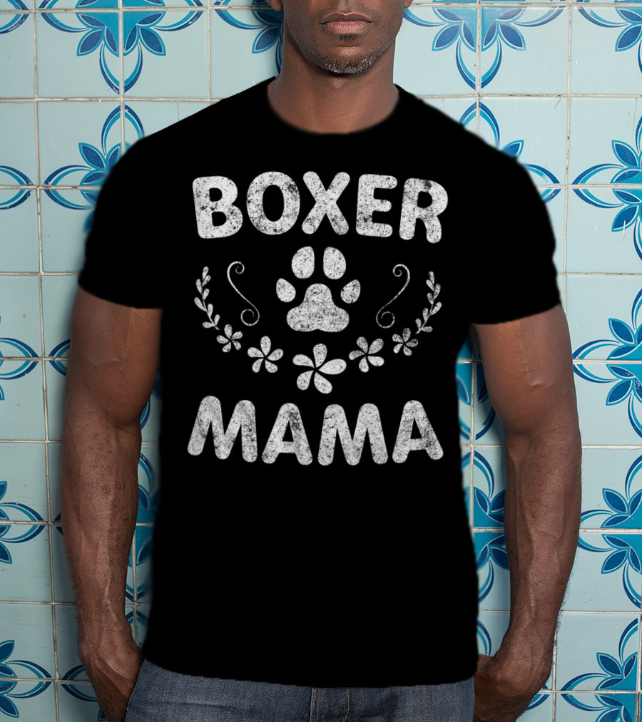 Boxer Mama Paw Print Floral Design Boxer Lover Owner Boxer Dog T-Shirt