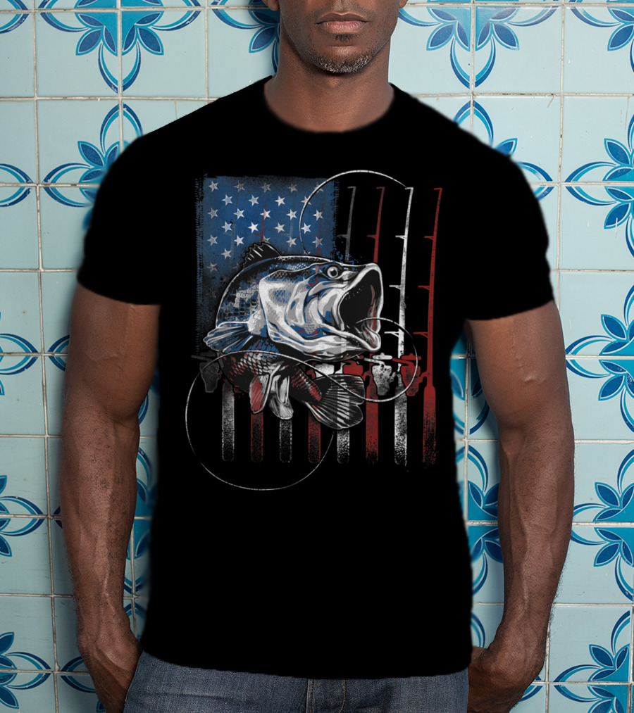 Fishing American Flag Vintage USA Bass Rods Stars Stripes T-Shirt