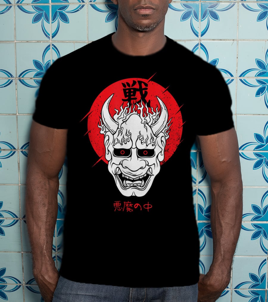 Aesthetic Japanese Devil Yokai Demon Oni Mask With Red Symbolic Background T-Shirt