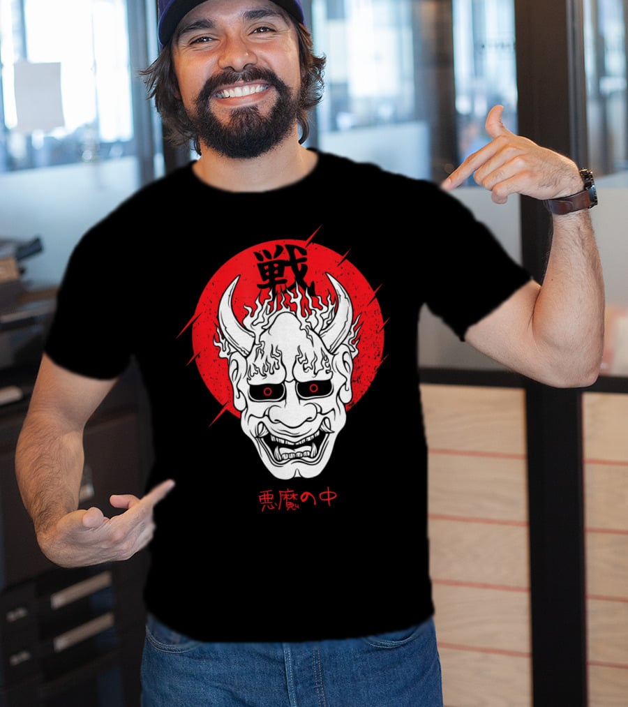 Aesthetic Japanese Devil Yokai Demon Oni Mask With Red Symbolic Background T-Shirt