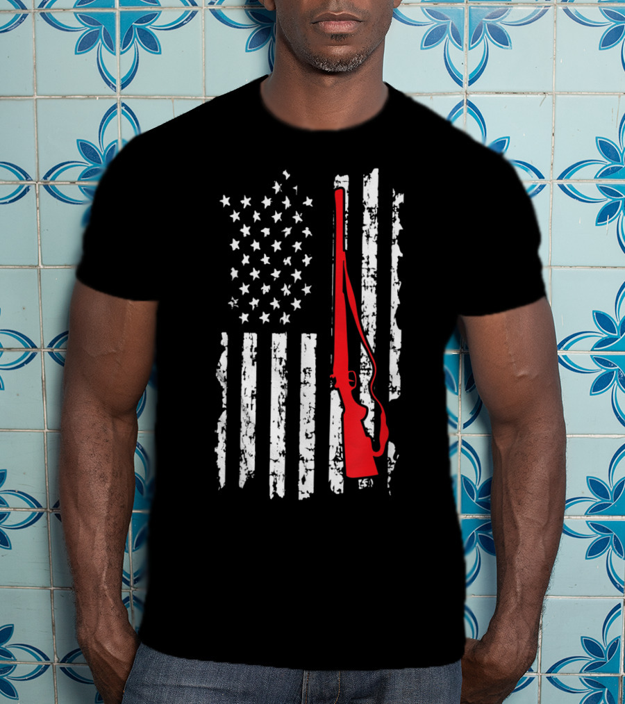 American Flag Gun Hunters Rifle In Red Silhouette T-Shirt