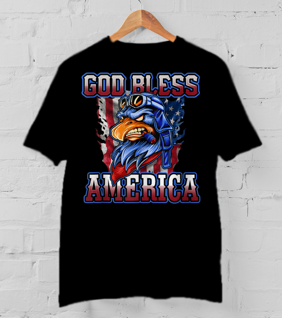 God Bless America Patriotic Eagle With American Flag Helmet And Goggles T-Shirt