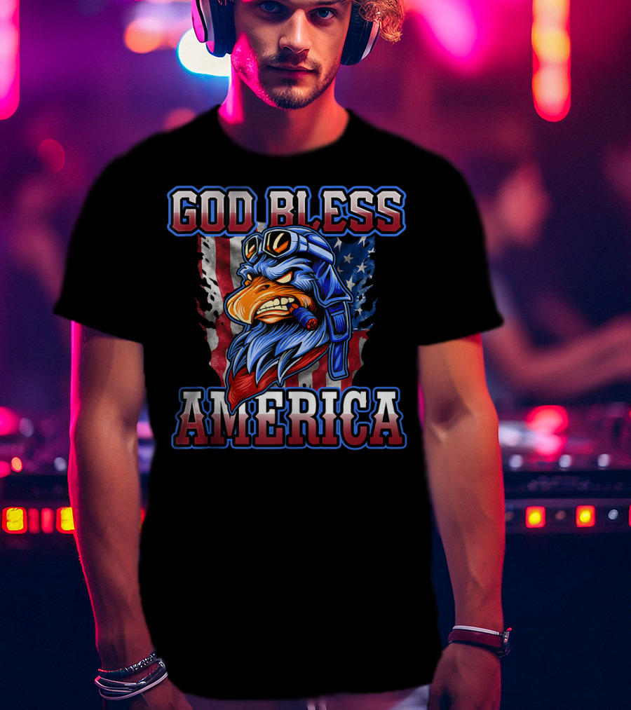 God Bless America Patriotic Eagle With American Flag Helmet And Goggles T-Shirt