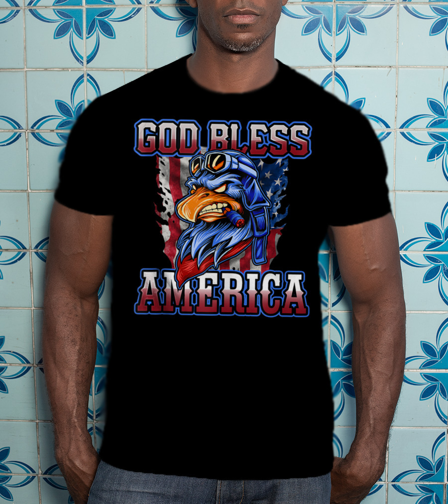 God Bless America Patriotic Eagle With American Flag Helmet And Goggles T-Shirt