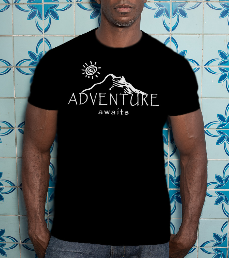 Adventure Awaits Outdoors Nature Lover Mountain Sun Drawing T-Shirt
