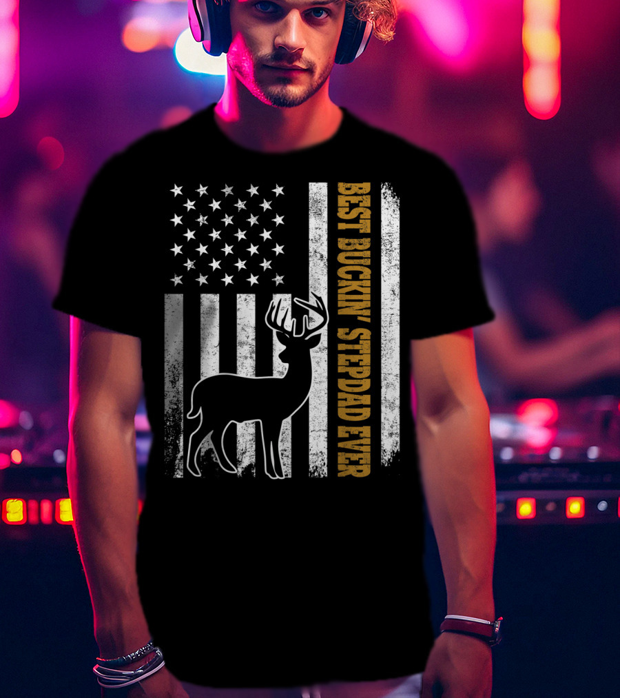 American Flag Best Buckin Stepdad Ever Deer T-Shirt