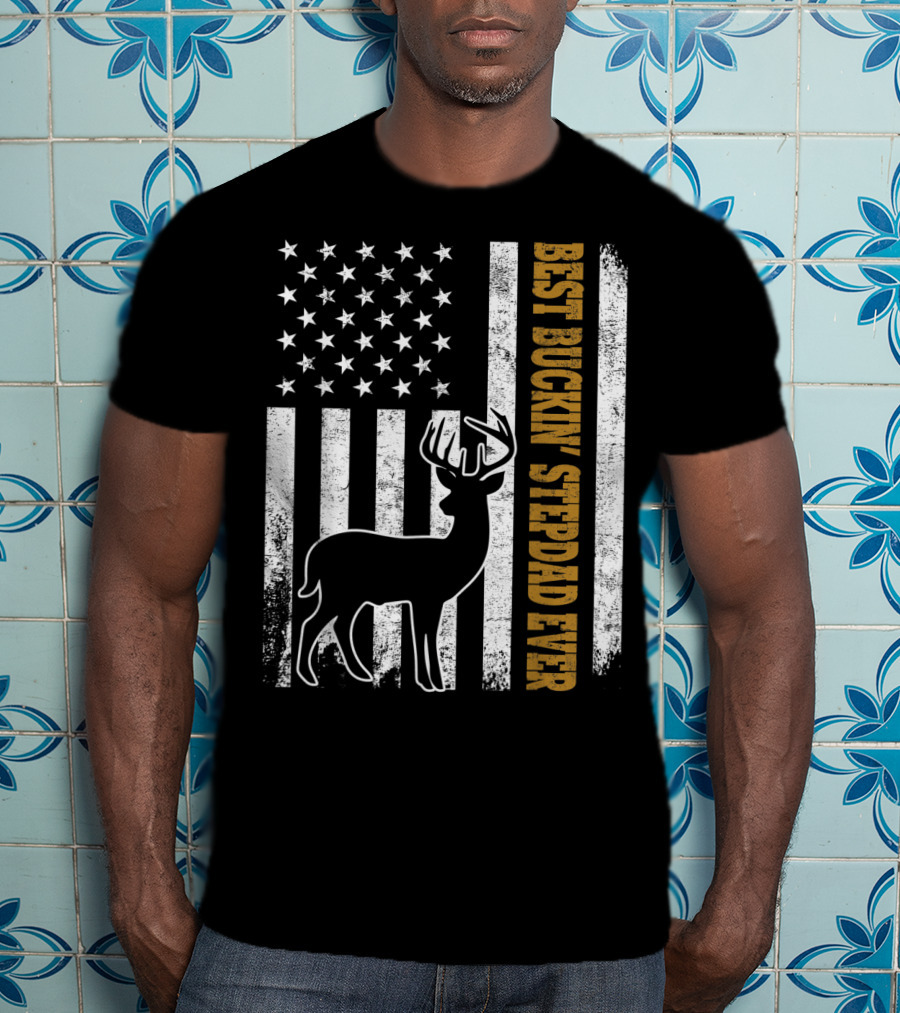 American Flag Best Buckin Stepdad Ever Deer T-Shirt
