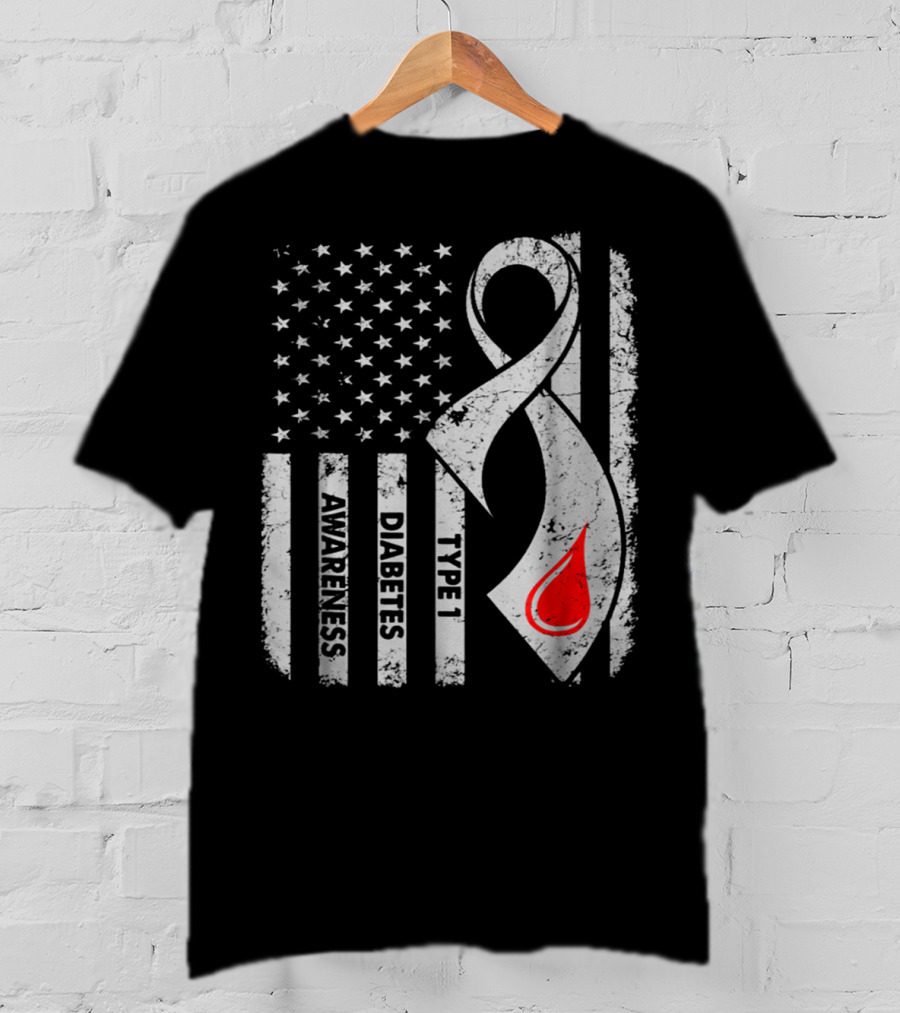 American Flag Type 1 Diabetes Awareness Ribbon With Blood Drop T-Shirt