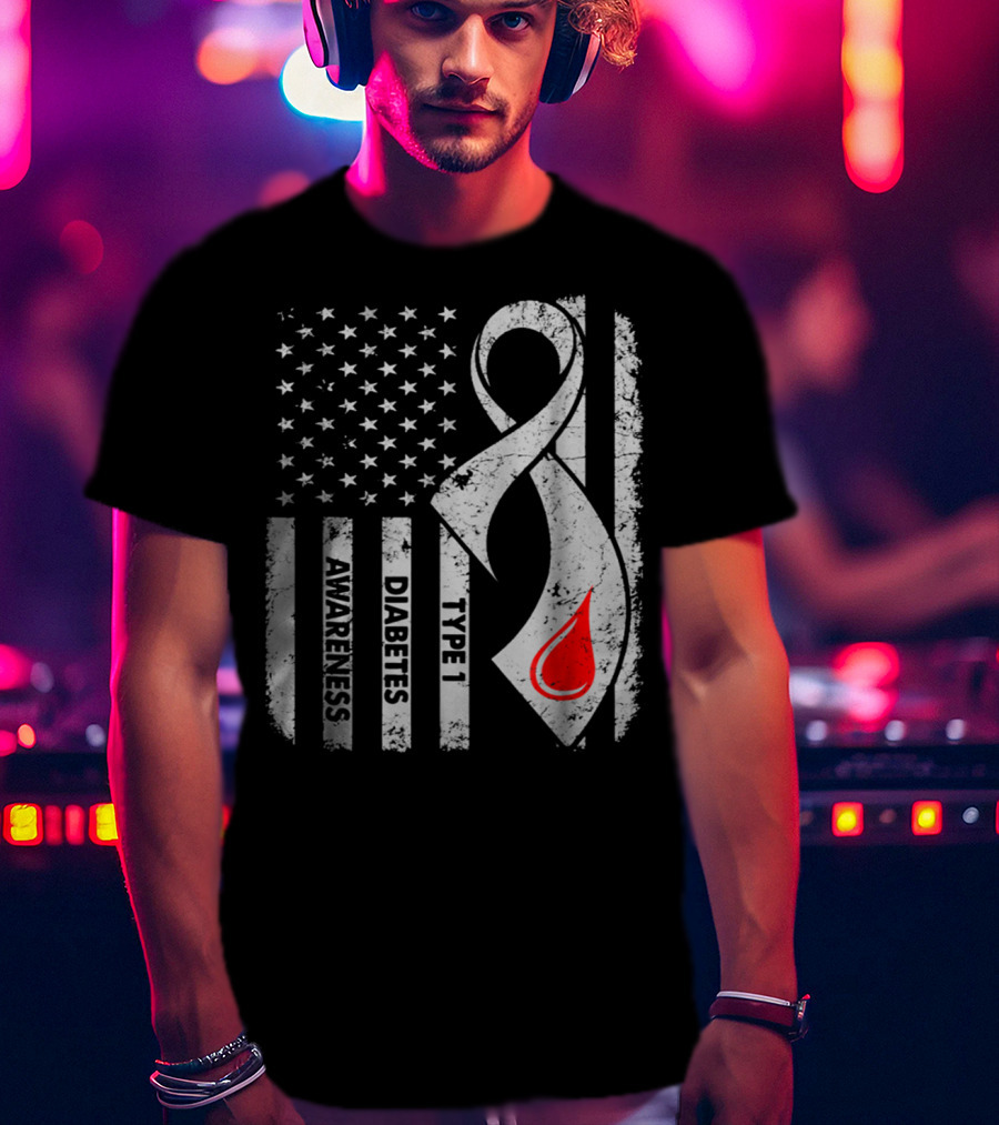 American Flag Type 1 Diabetes Awareness Ribbon With Blood Drop T-Shirt