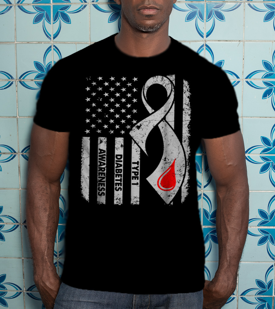 American Flag Type 1 Diabetes Awareness Ribbon With Blood Drop T-Shirt