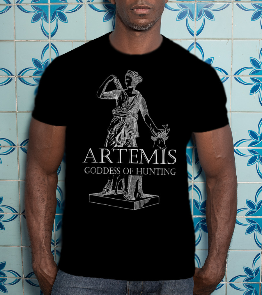 Artemis Goddess Of Hunting Greek Mythology Statue With Deer Scene T-Shirt