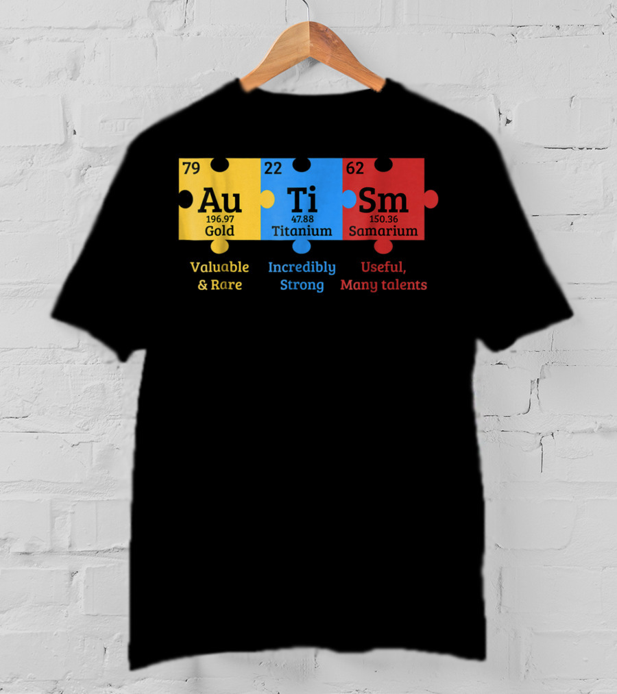 Autism Awareness Gold Titanium Samarium Elements Puzzle T-Shirt