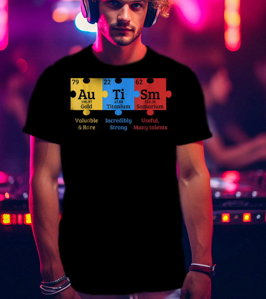 Autism Awareness Gold Titanium Samarium Elements Puzzle T-Shirt