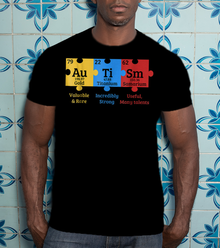 Autism Awareness Gold Titanium Samarium Elements Puzzle T-Shirt