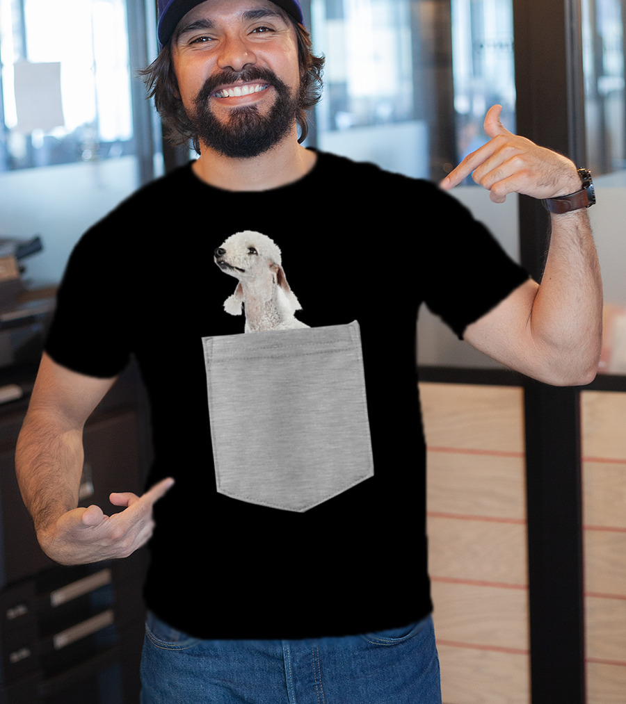 Bedlington Terrier Peeking From Gray Pocket T-Shirt