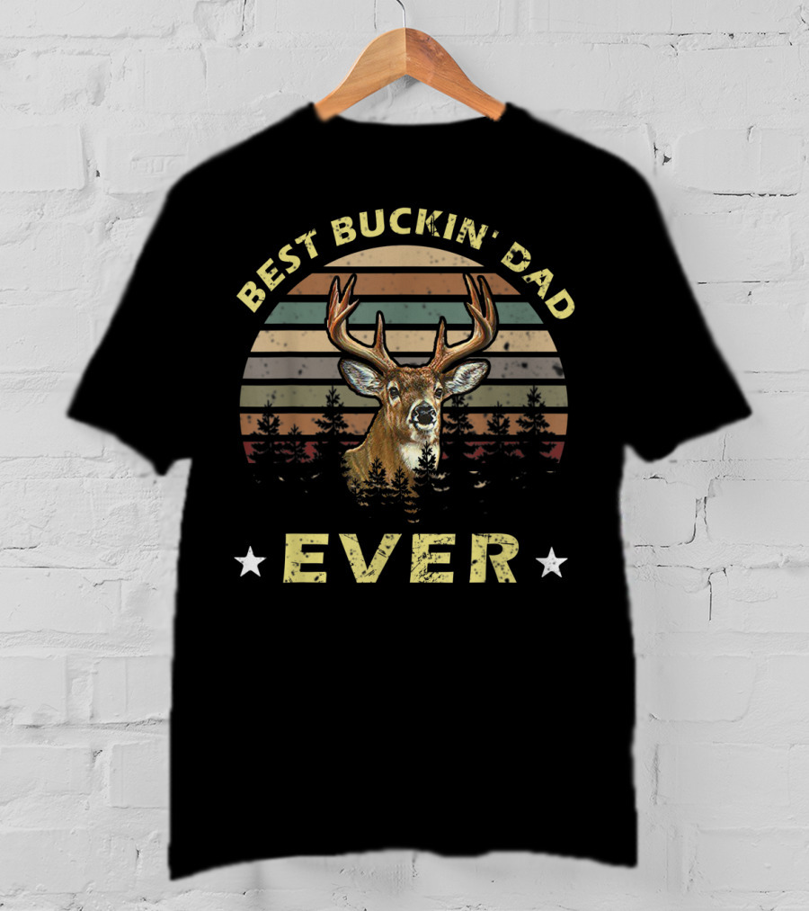Best Buckin' Dad Ever Vintage Deer Retro Stripes Forest T-Shirt
