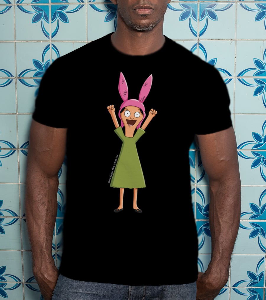 Bob's Burgers Louise Belcher Green Dress Pink Bunny Ears Excited Pose T-Shirt