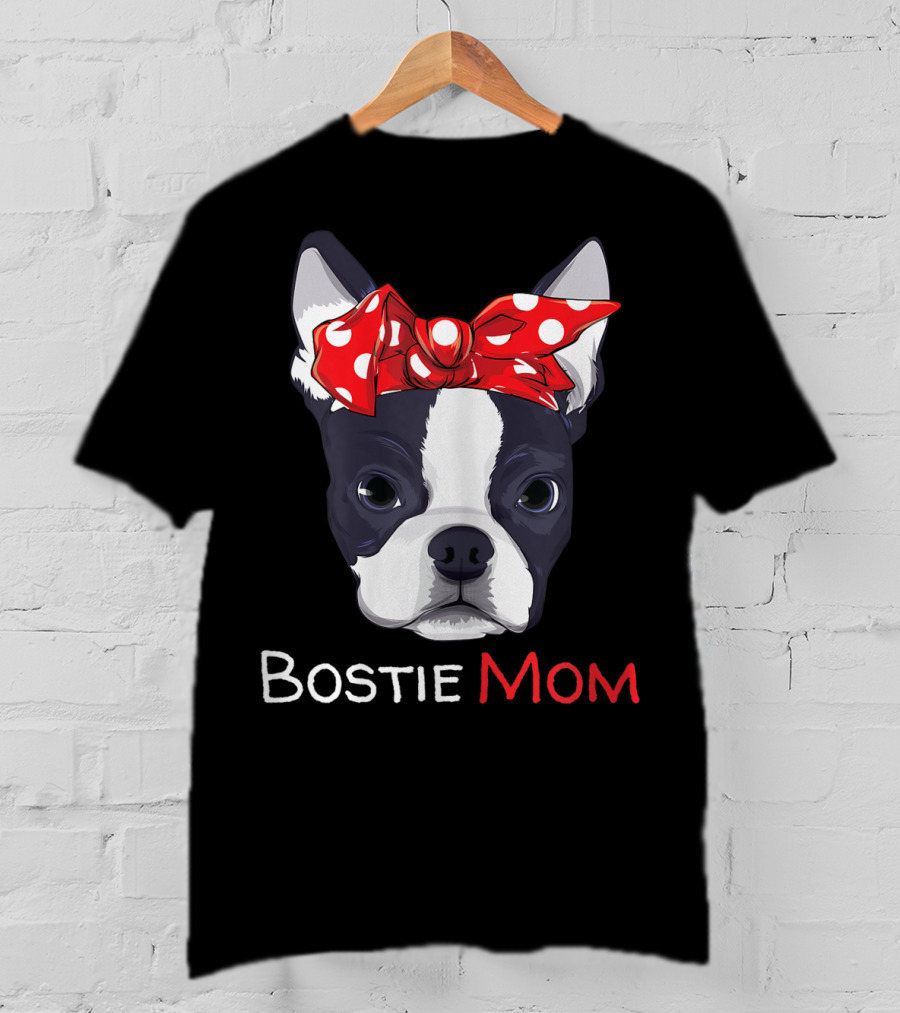 Bostie Mom Boston Terrier With Red Polka Dot Bow T-Shirt