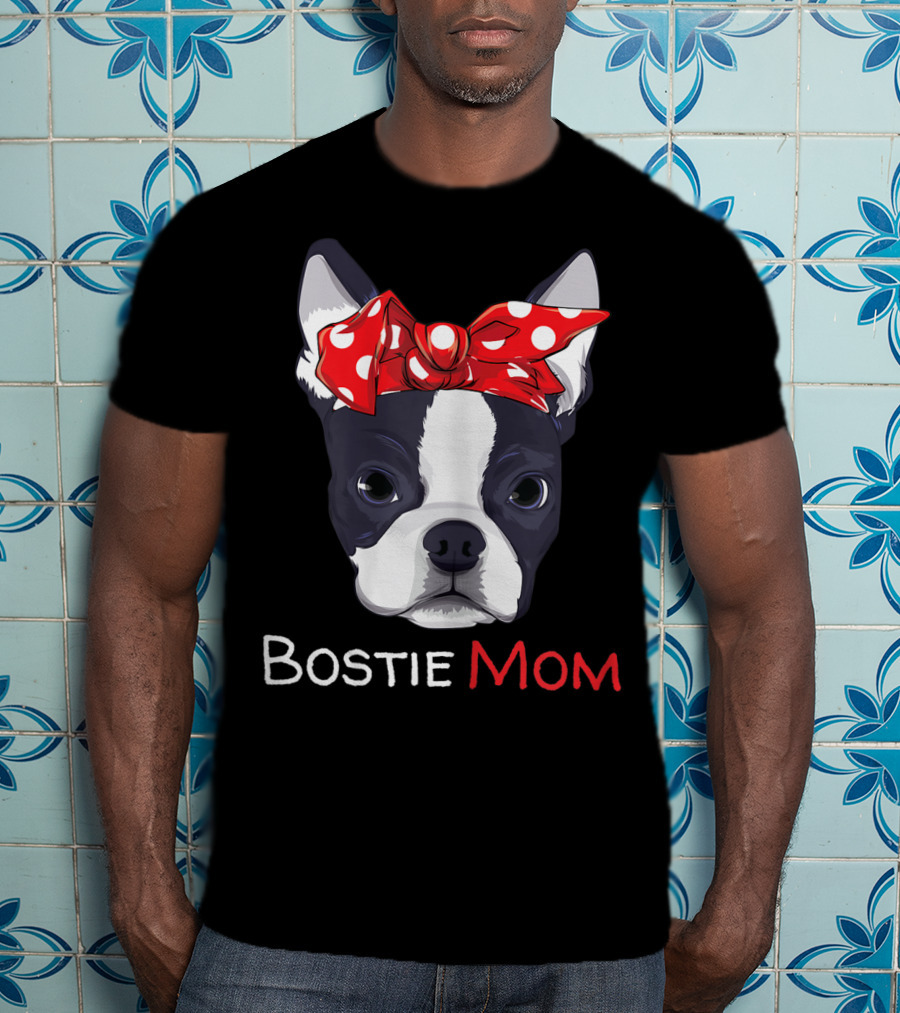 Bostie Mom Boston Terrier With Red Polka Dot Bow T-Shirt