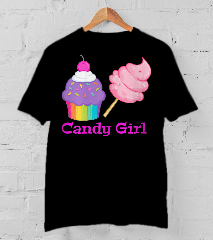 Candy Girl Cupcake And Cotton Candy Rainbow Sprinkles Cherry Top And Pink Swirl T-Shirt