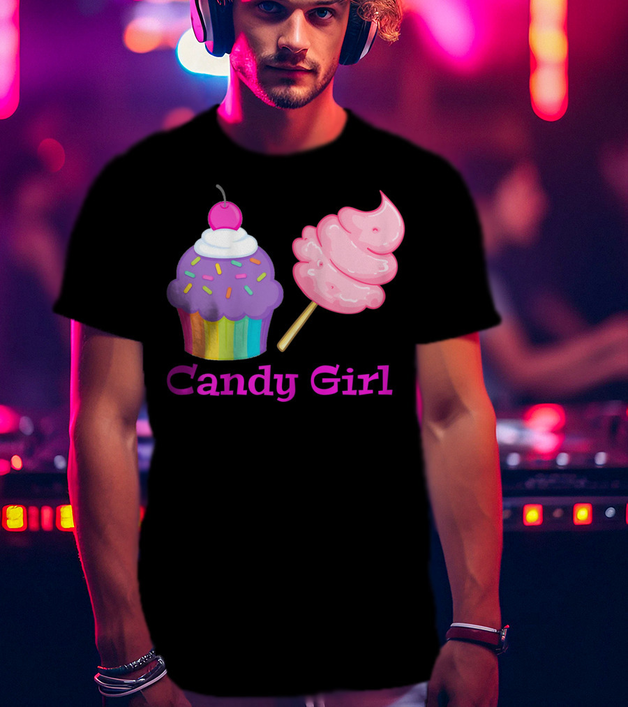 Candy Girl Cupcake And Cotton Candy Rainbow Sprinkles Cherry Top And Pink Swirl T-Shirt