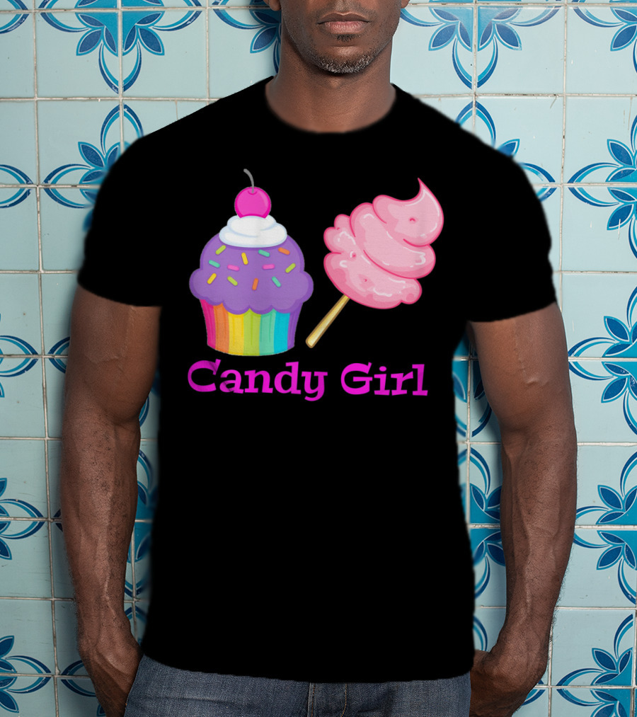 Candy Girl Cupcake And Cotton Candy Rainbow Sprinkles Cherry Top And Pink Swirl T-Shirt