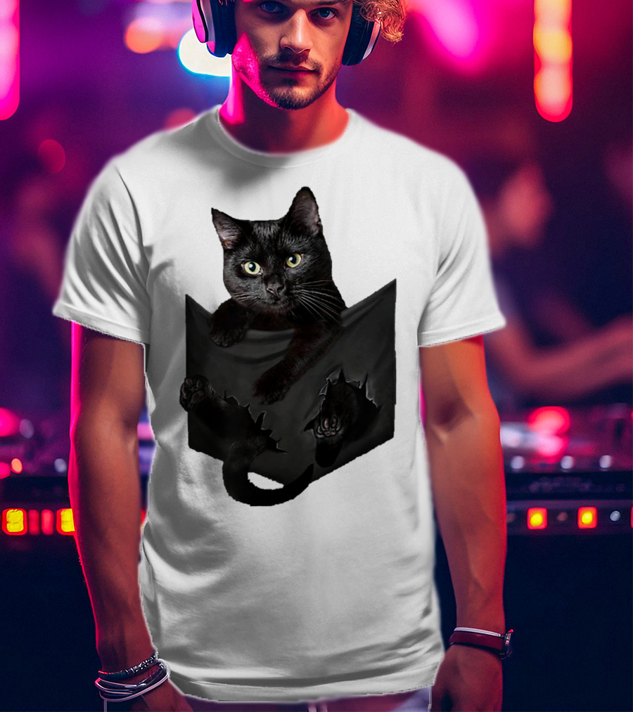 Cat In Pocket Black Cat Inside Pocket Bac Playful T-Shirt