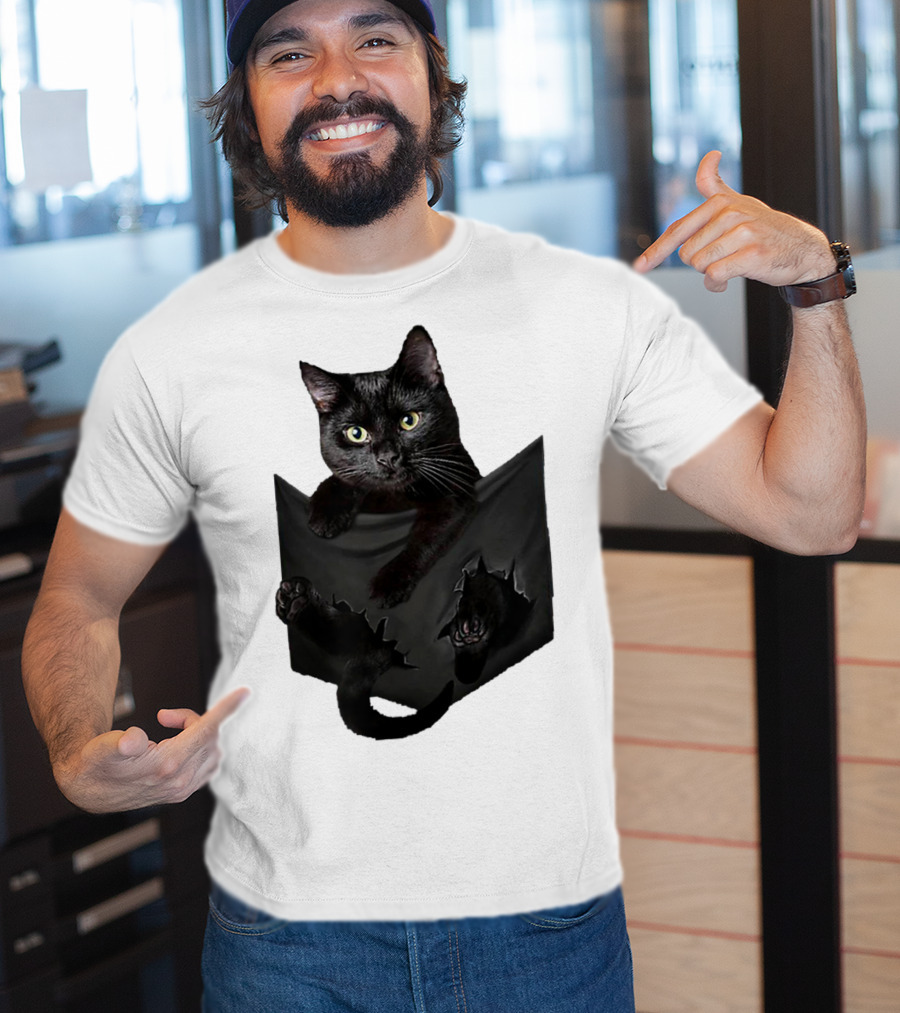 Cat In Pocket Black Cat Inside Pocket Bac Playful T-Shirt