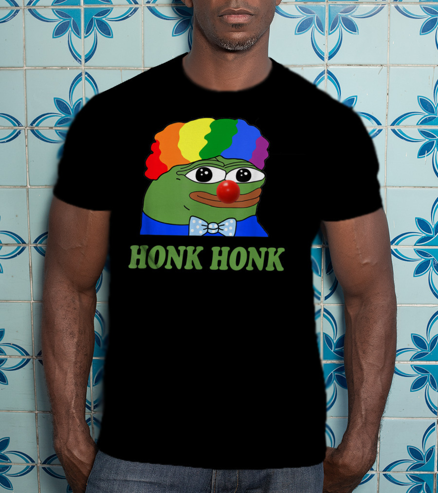 Clown Pepe Honk Honk HONKLER Meme Rainbow Wig Red Nose Bowtie T-Shirt