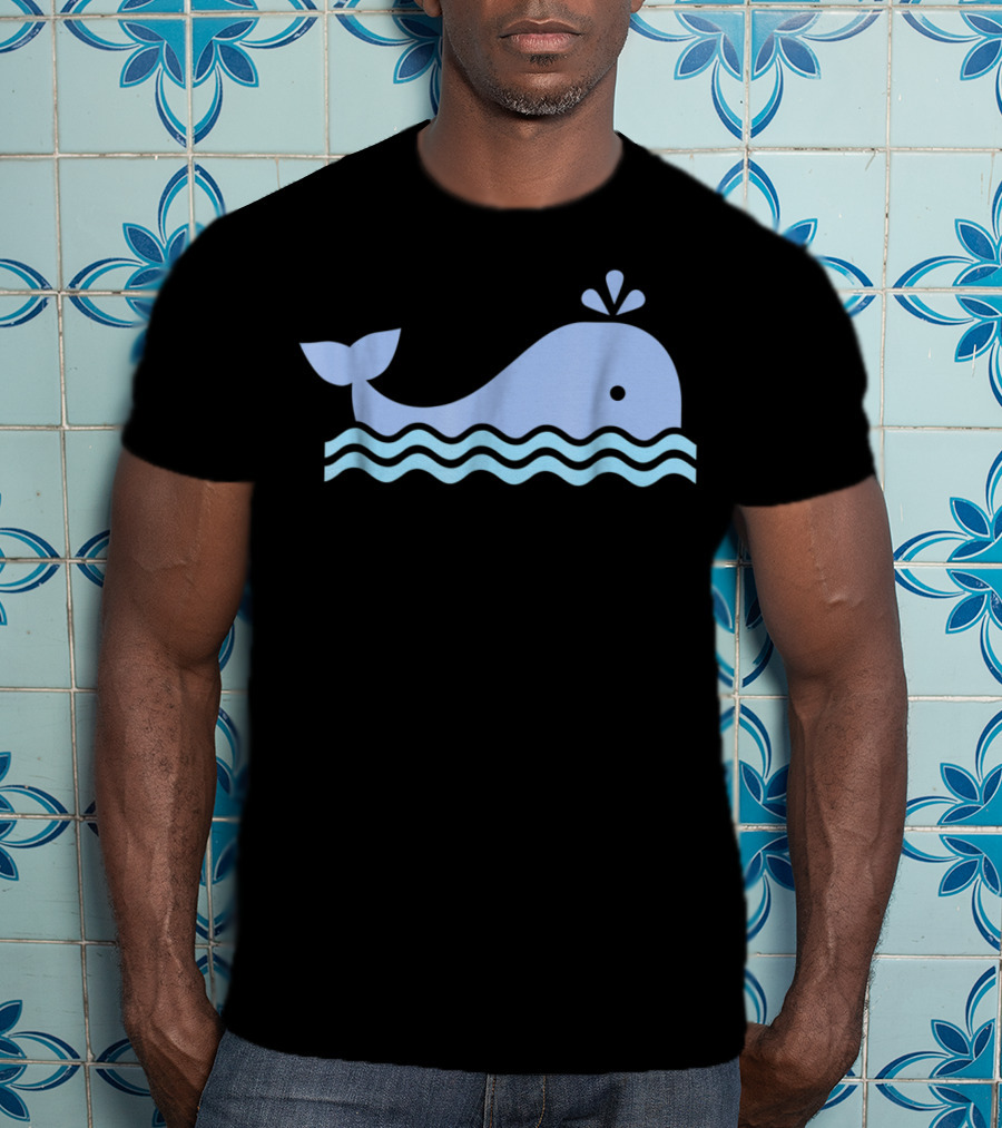 Cute Blue Whale Cartoon With Waves And Water Spout T-Shirt