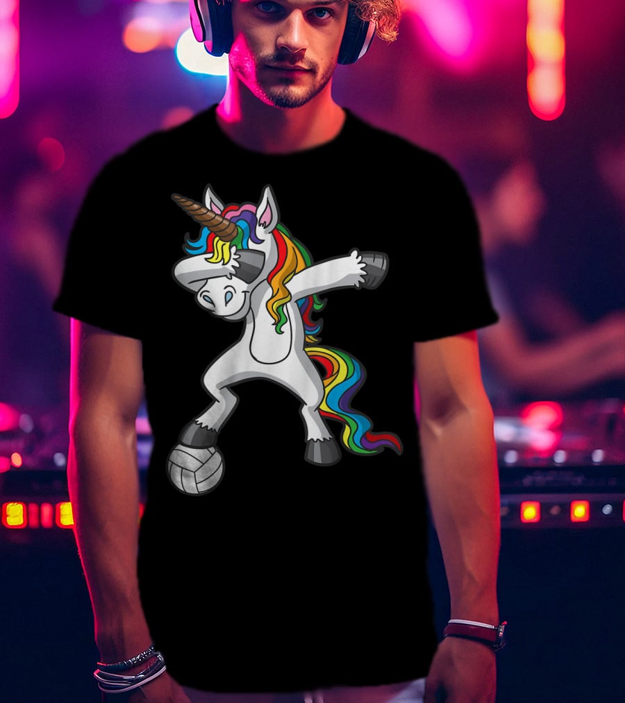 Dabbing Unicorn With Volleyball And Rainbow Mane T-Shirt