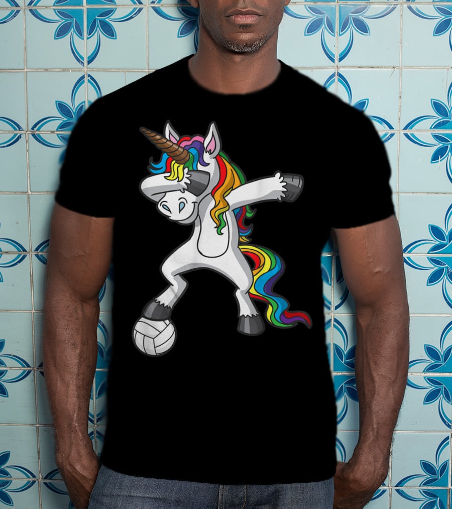 Dabbing Unicorn With Volleyball And Rainbow Mane T-Shirt