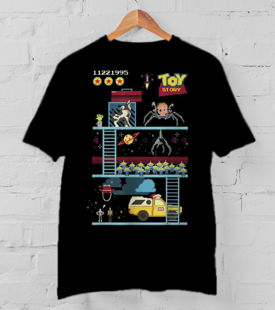 Toy Story 8 Bit Video Game Scene With Retro Pixel Art Adventure T-Shirt