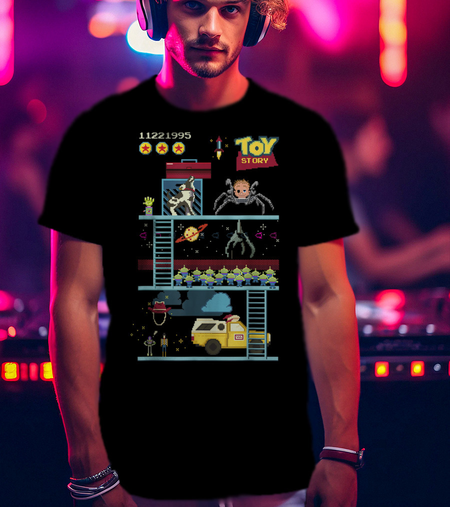 Toy Story 8 Bit Video Game Scene With Retro Pixel Art Adventure T-Shirt