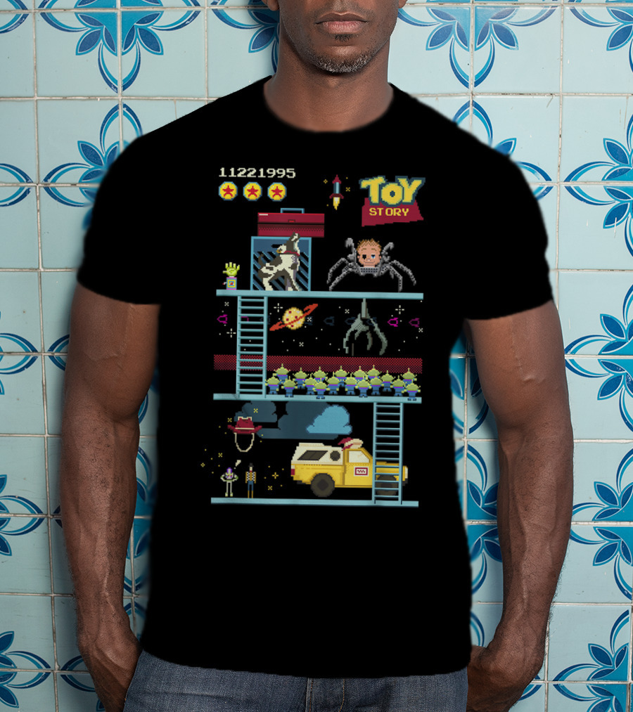 Toy Story 8 Bit Video Game Scene With Retro Pixel Art Adventure T-Shirt