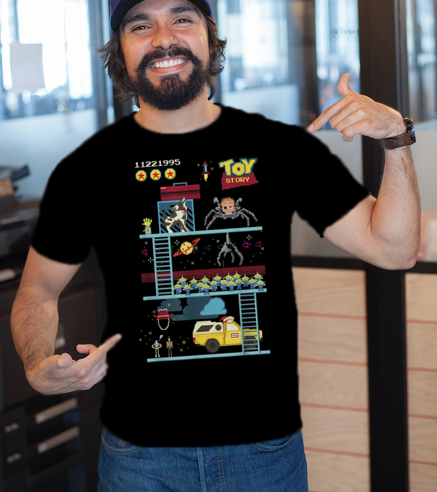 Toy Story 8 Bit Video Game Scene With Retro Pixel Art Adventure T-Shirt