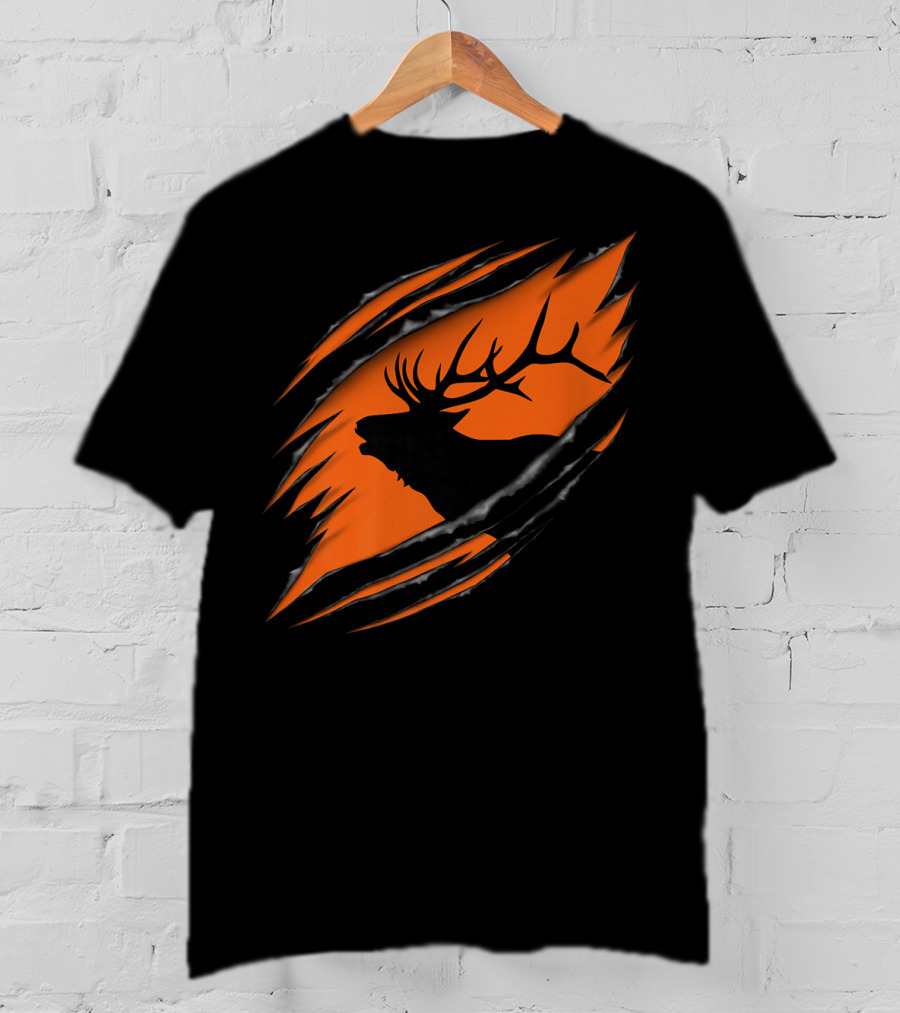 Elk Hunting Silhouette With Tear Marks On Orange T-Shirt