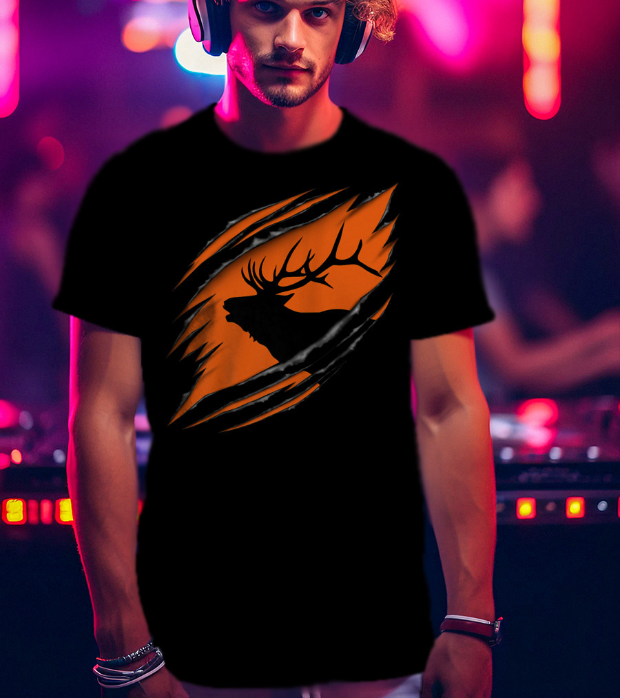 Elk Hunting Silhouette With Tear Marks On Orange T-Shirt