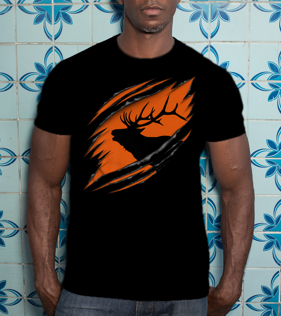 Elk Hunting Silhouette With Tear Marks On Orange T-Shirt