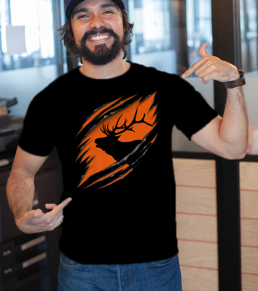 Elk Hunting Silhouette With Tear Marks On Orange T-Shirt
