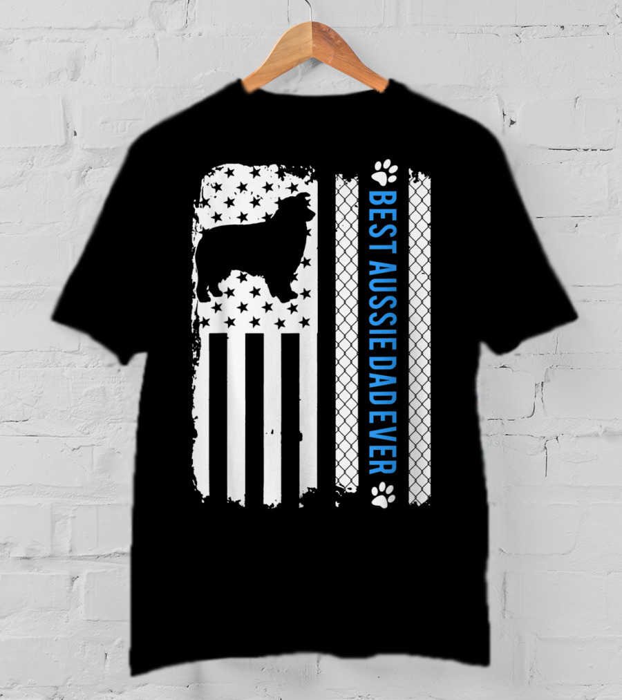 Best Aussie Dad Ever American Flag Dog Silhouette And Paw Prints T-Shirt