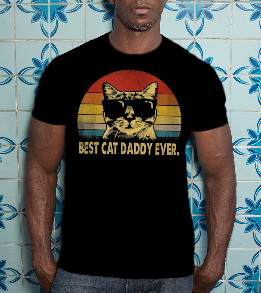 Best Cat Daddy Ever Vintage Sunglasses Cat Retro Stripes T-Shirt