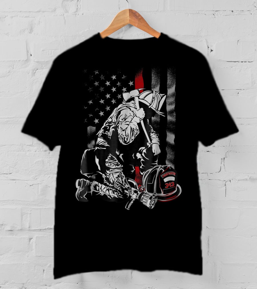 Firefighter Kneeling With Vintage USA Flag And Fire Helmet 343 T-Shirt