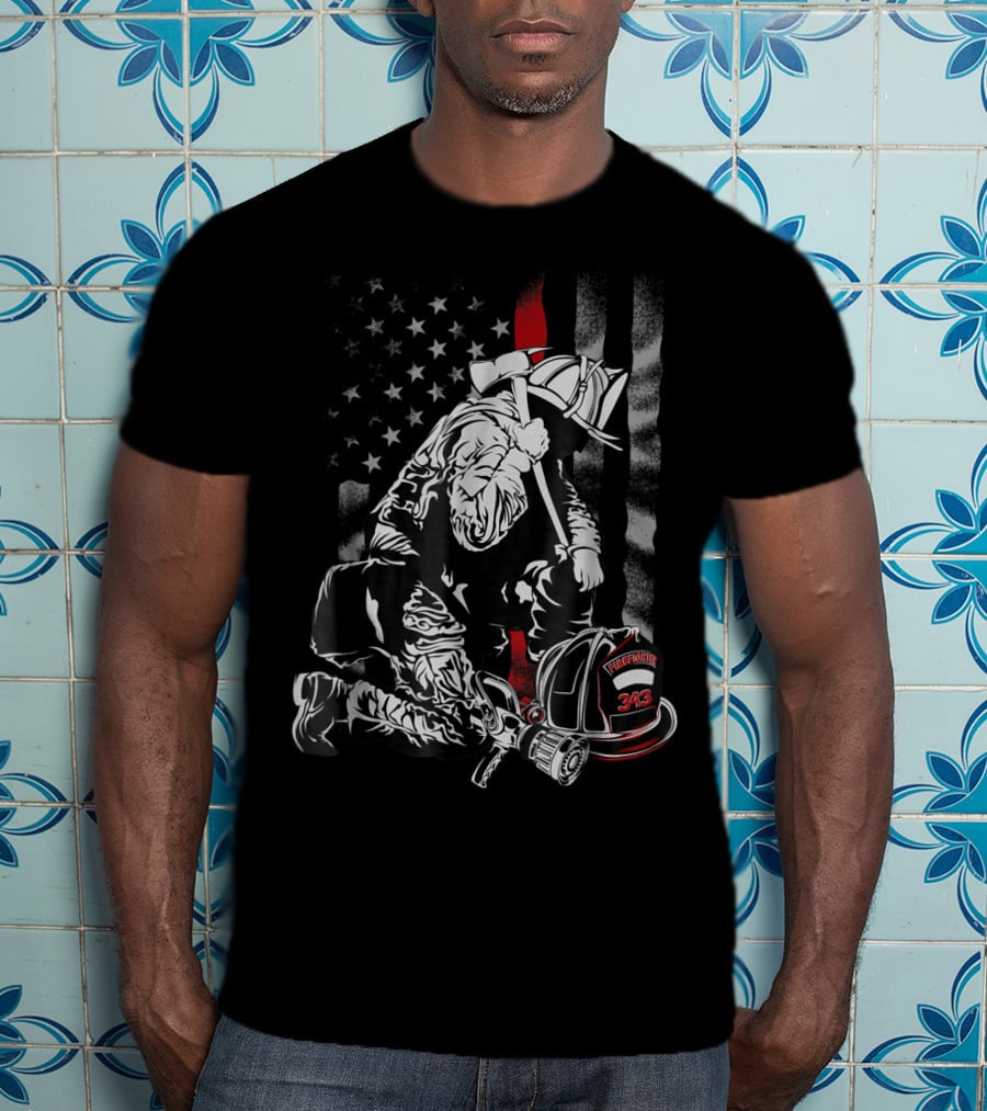 Firefighter Kneeling With Vintage USA Flag And Fire Helmet 343 T-Shirt