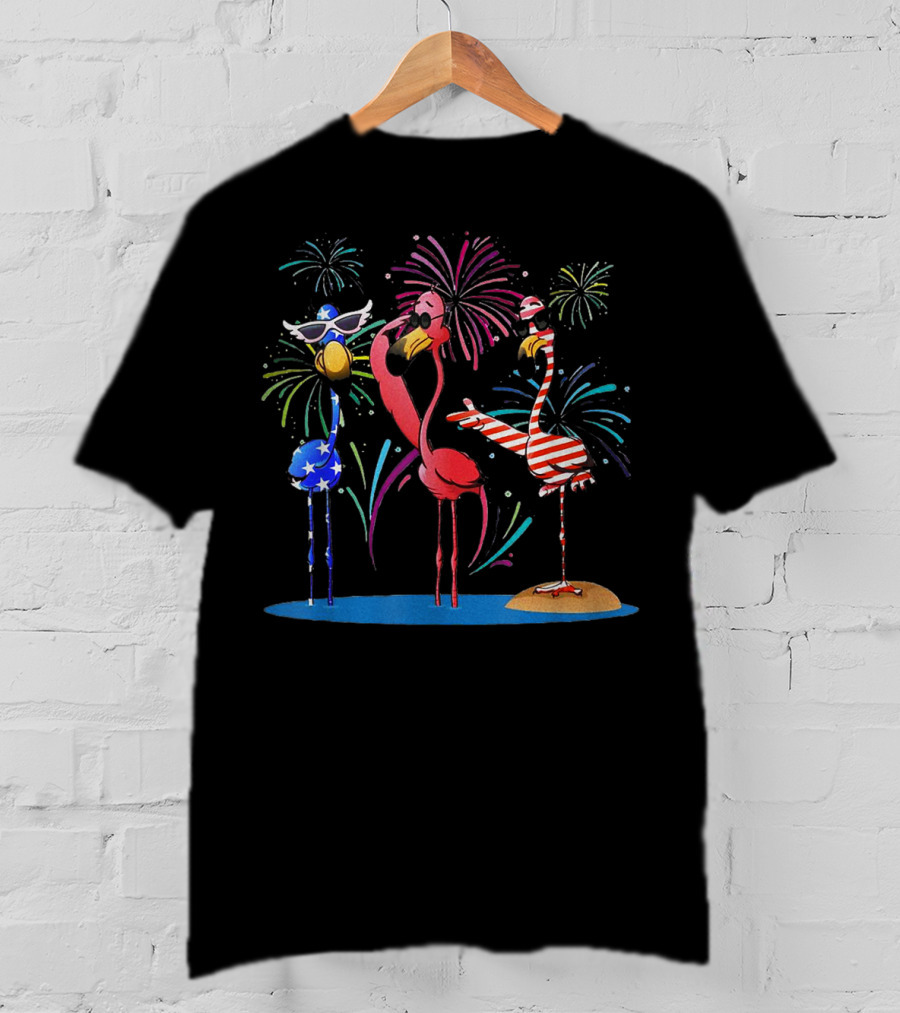 Flamingo American Flag Fireworks Patriotic Celebration With Sunglasses And Stripes T-Shirt