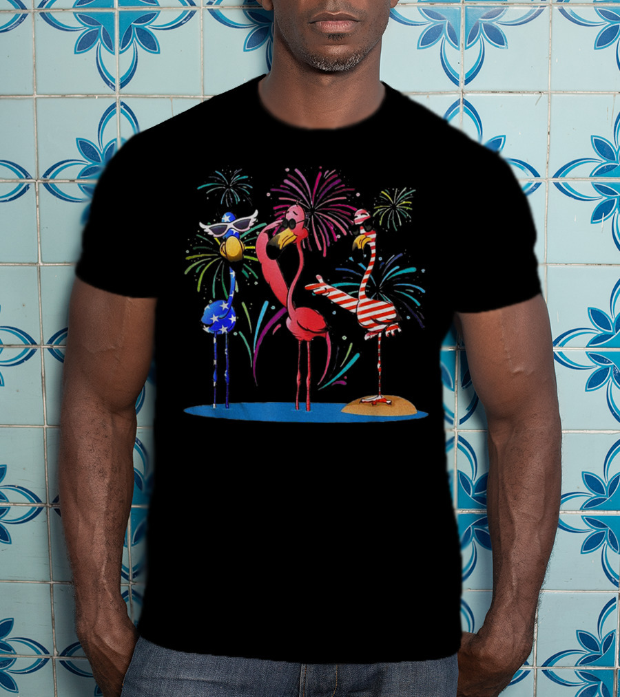 Flamingo American Flag Fireworks Patriotic Celebration With Sunglasses And Stripes T-Shirt