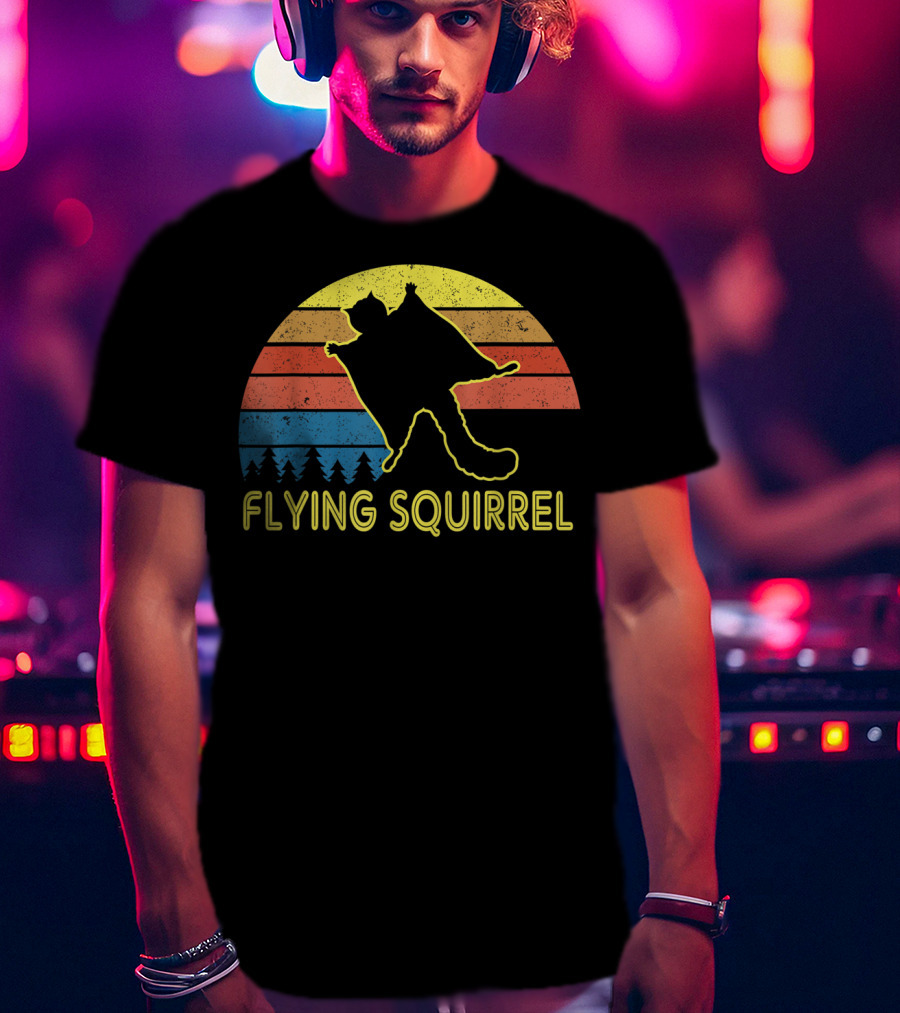 Flying Squirrel Retro Sunset With Silhouette And Forest Stripes T-Shirt